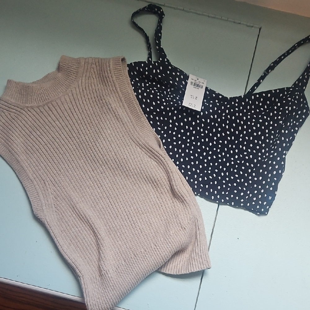 Abercrombie & Fitch Beige Ribbed Tank and Black Polka Dot Crop Top